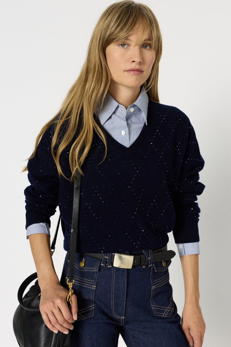 maglione in lana con scollo a v e strass - edwige