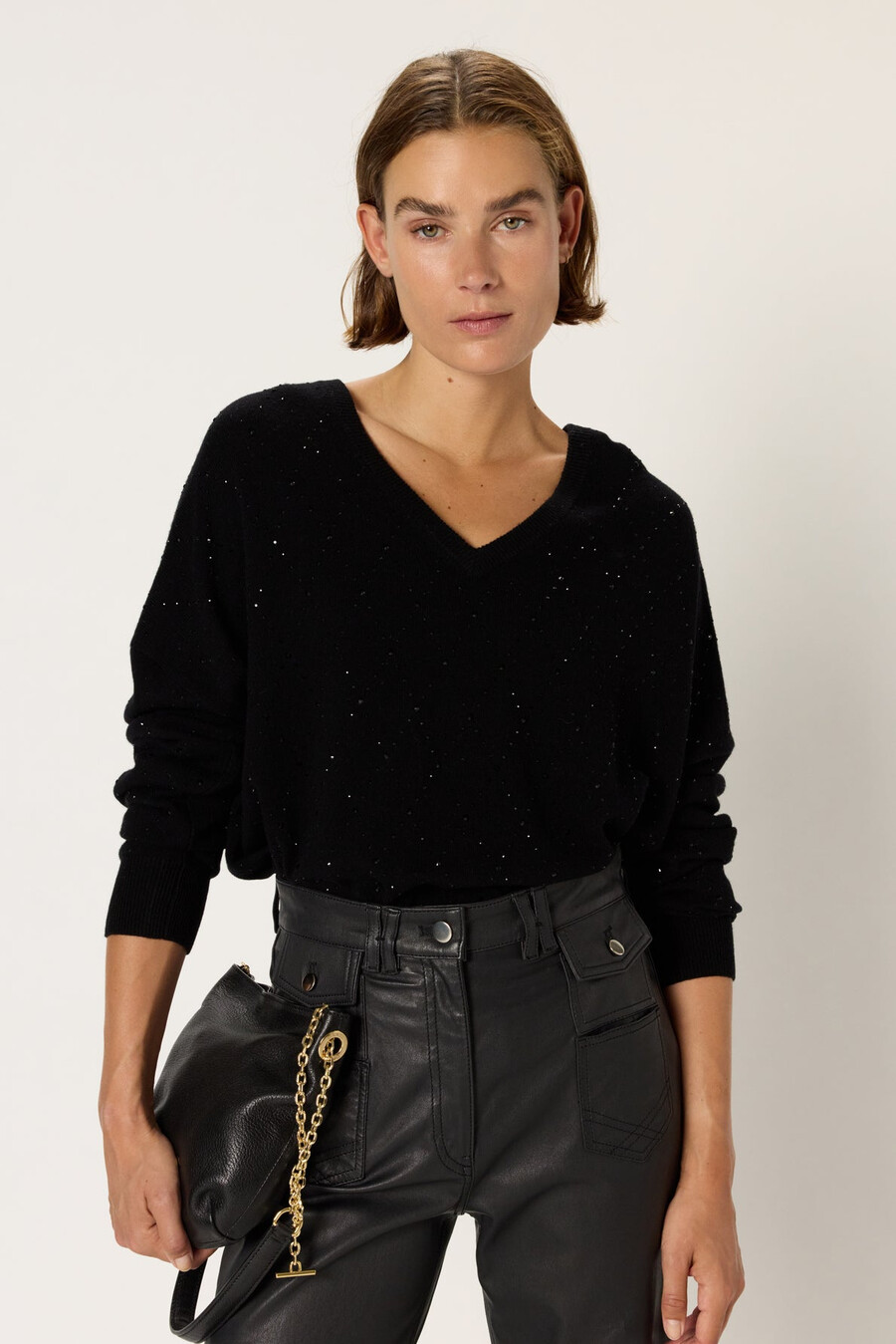 maglione in lana con scollo a v e strass - edwige