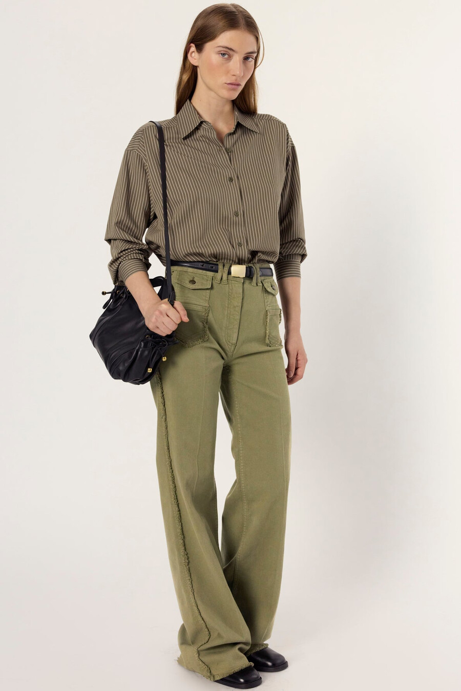 jeans svasati color cachi con frange - anna